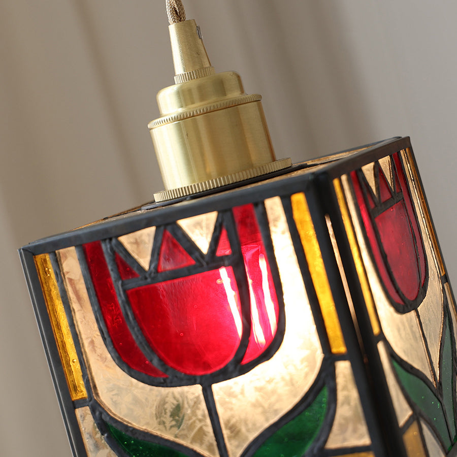 Traditional Vintage Square Rubik's Cube Tulip Brass Glass 1-Light Wall Sconce Lamp For Living Room