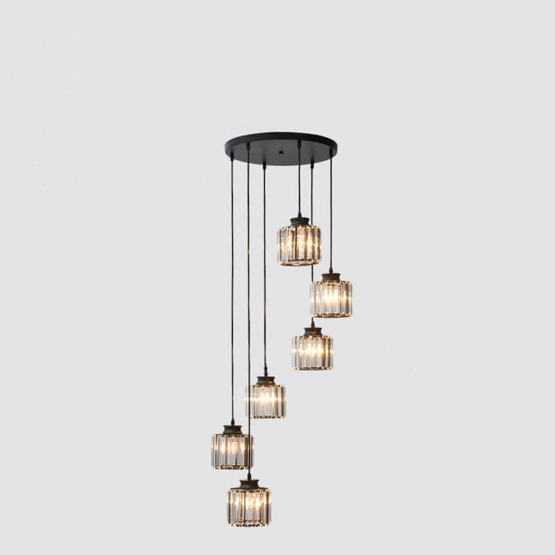 Modern Prismatic Crystal Cylindrical 6-Light Stairway Chandeliers