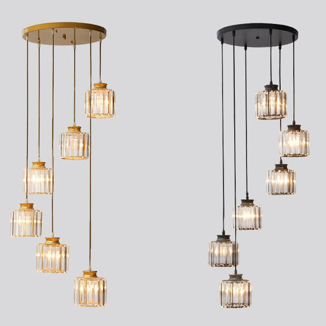 Modern Prismatic Crystal Cylindrical 6-Light Stairway Chandeliers