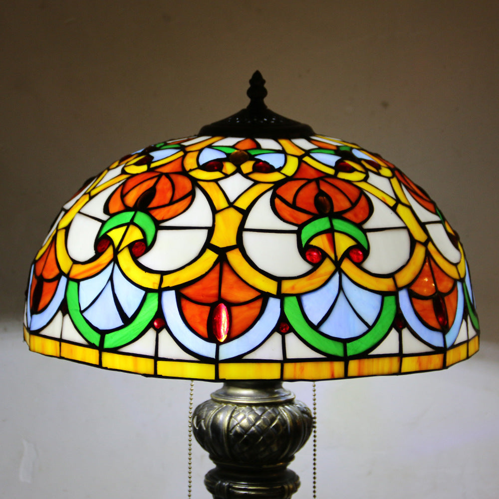 Traditional Tiffany Resin Glass Dome Hemispheric Flower 2-Light Table Lamp For Bedside