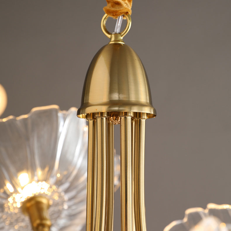Traditional Vintage Gold Finish Frame Flower Glass Shade 6-Light Chandelier For Bedroom