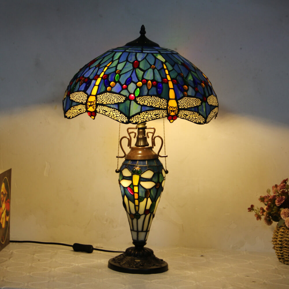European Tiffany Stained Glass Hexagonal Dome Pull Cord 2-Light Table Lamp