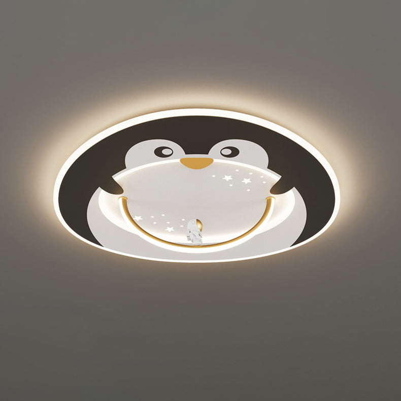 Modern Art Deco Kids Aluminum Acrylic Penguin Panda Lion Sheep Round LED Flush Mount Ceiling Light For Bedroom
