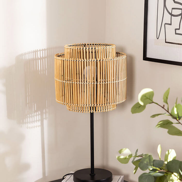 Traditional Vintage Rattan Weaving Cylinder 1-Light Table Lamp For Home Office