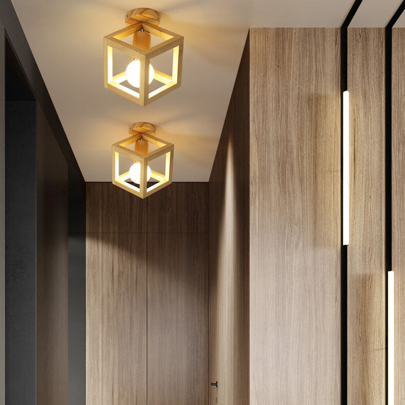 Japanese Minimalist Log Hollow Geometric Cube 1-Light Semi-Flush Mount Ceiling Light