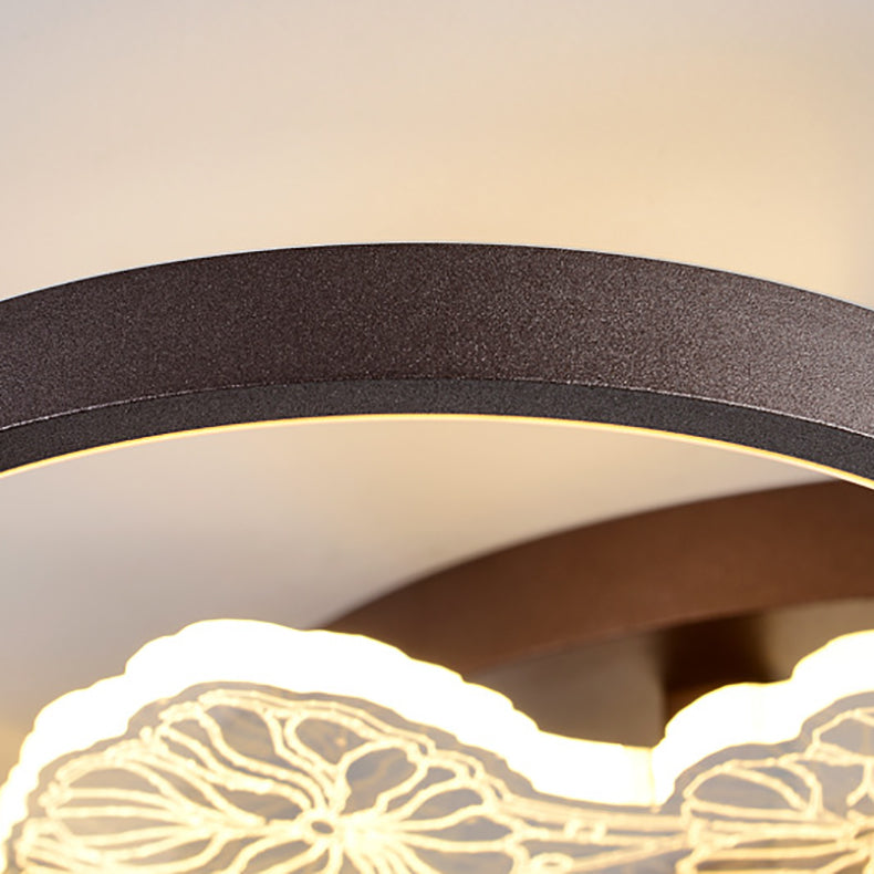 Traditional Chinese Zen Iron Round Frame Acrylic Flower Pattern LED Semi-Flush Mount Ceiling Light For Living Room