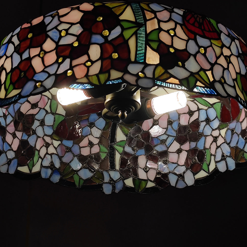 European Style Tiffany Dome Stained Glass Dragonfly Flower 2-Light Chandelier