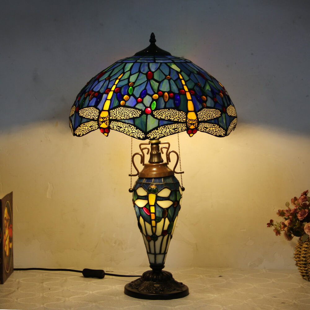 European Tiffany Stained Glass Hexagonal Dome Pull Cord 2-Light Table Lamp