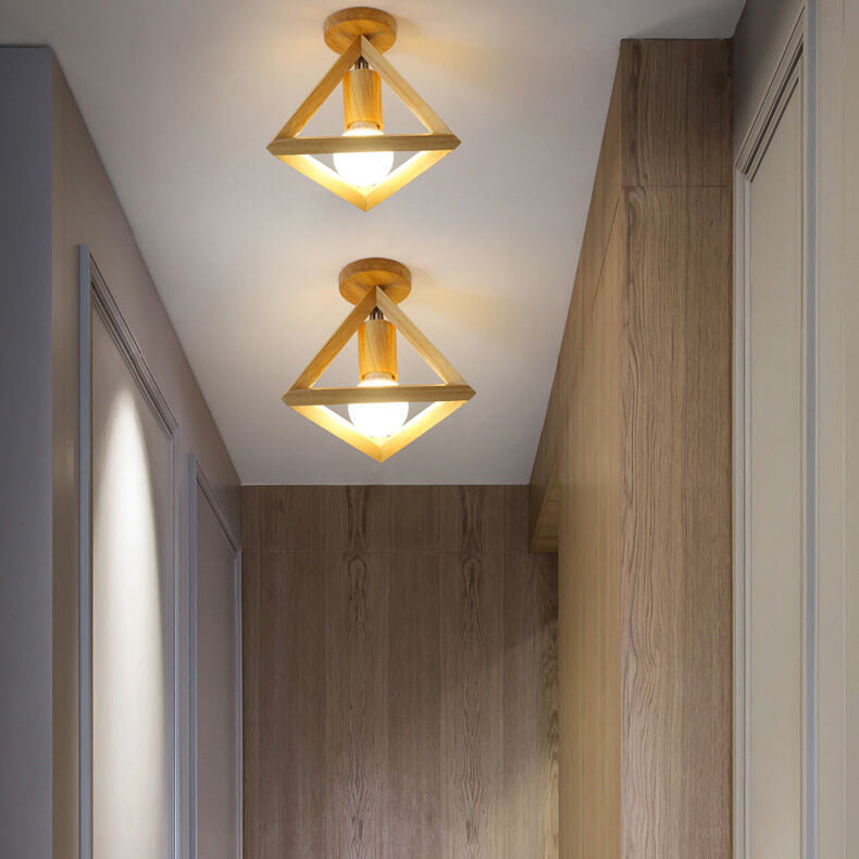 Japanese Minimalist Log Hollow Geometric Cube 1-Light Semi-Flush Mount Ceiling Light