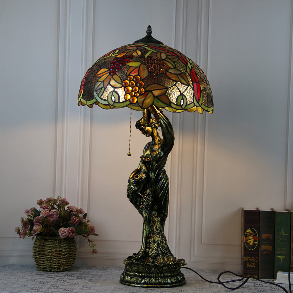 Traditional Tiffany Resin Glass Dome Grape Cow Diamond Pretty Woman Base 2-Light Table Lamp For Bedside