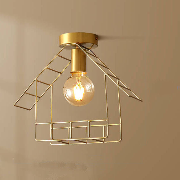 Simple 1-Light Shed Shape Semi-Flush Mount Lighting