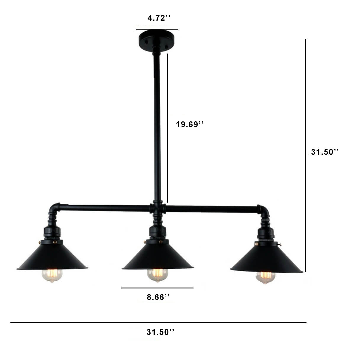 Vintage Industrial Water Pipe Pot Lid Shade 3-Light Chandelier
