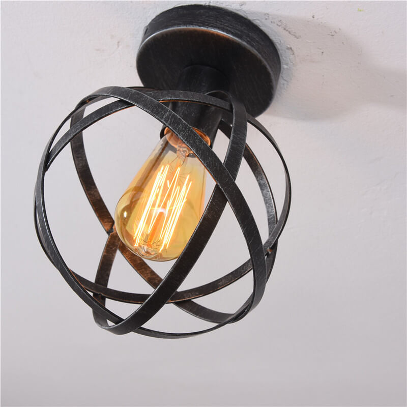 Vintage Wrought Iron Spherical Cage 1-Light Semi-Flush Mount Ceiling Light