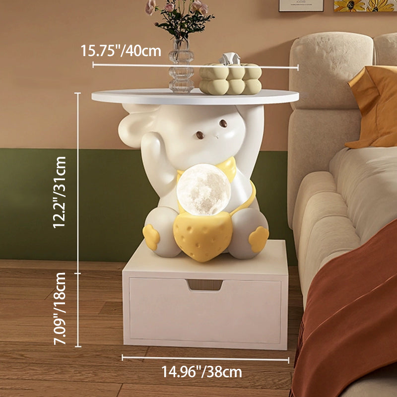 Modern Art Deco Kids Rabbit Round Plate Rectangular Drawer Resin Wood Enamel End Table 1-Drawer With LED Light For Bedroom
