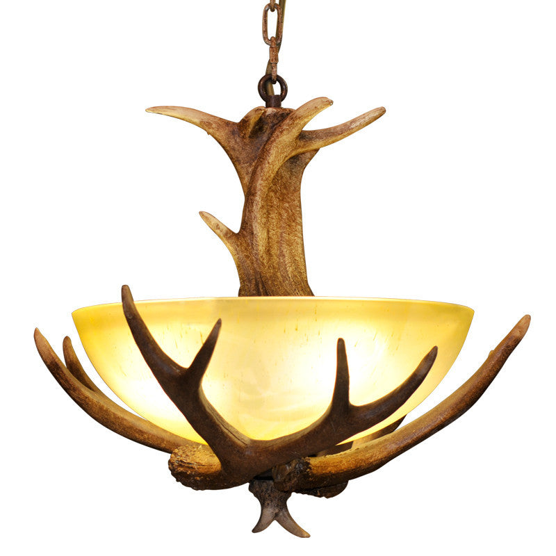 Vintage Resin Antler Glass Bowl 3-Light Chandelier