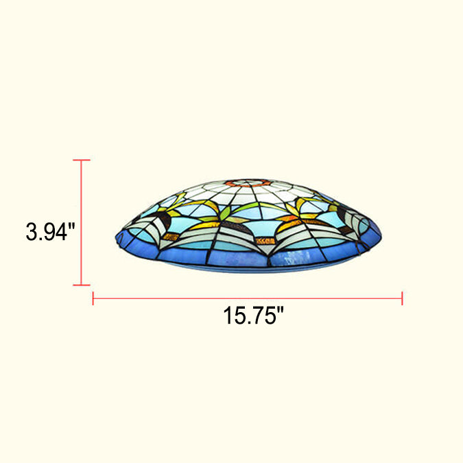 European Stained Glass Tiffany Round Various Pattern Designs 2/3 Light Flush Mount Light