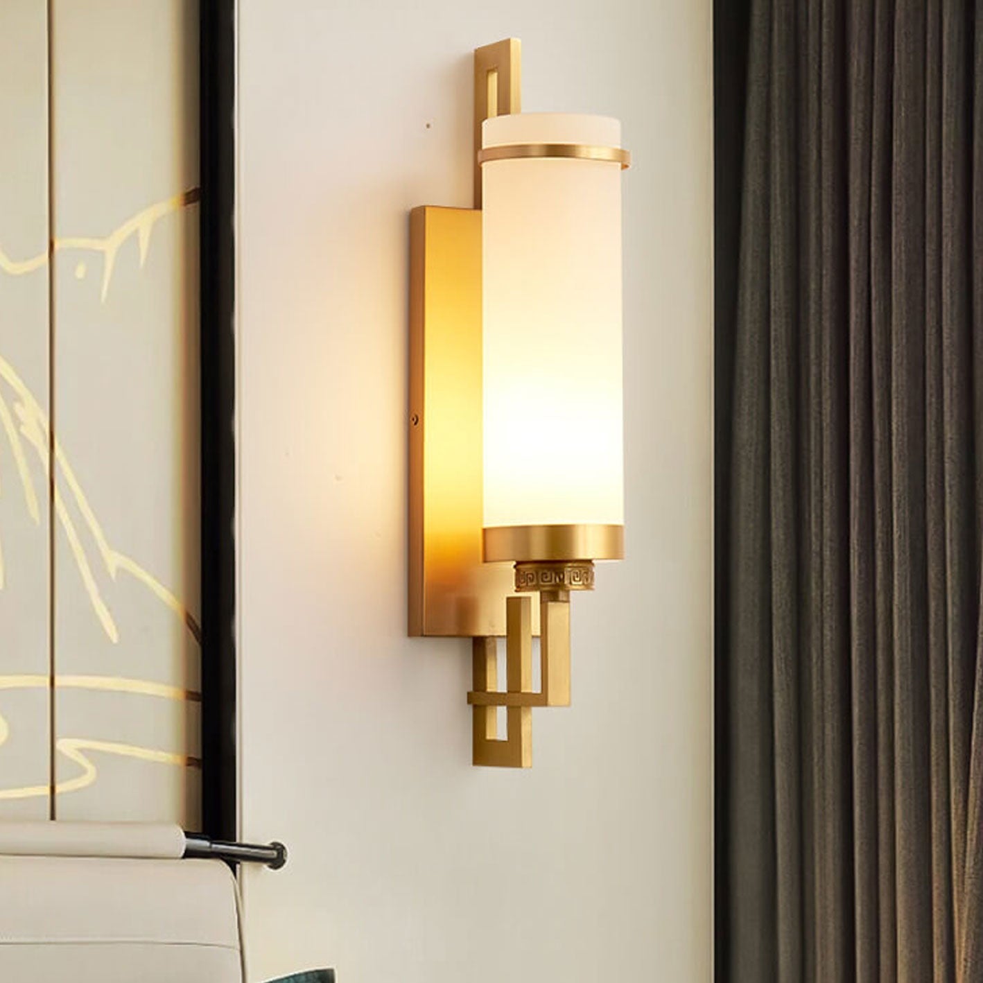 Modern Chinese Simple Glass Full Copper 1-Light Wall Sconce Lamp