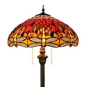 Vintage Tiffany Stained Glass Red Dragonfly 2-Light Standing Floor Lamp