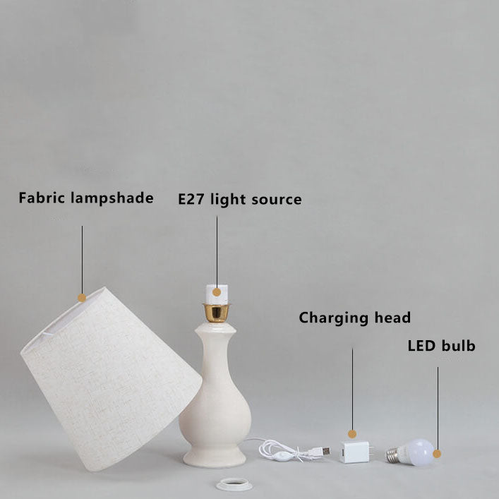 Modern Minimalist Fabric Shade White Ceramic 1-Light Table Lamp