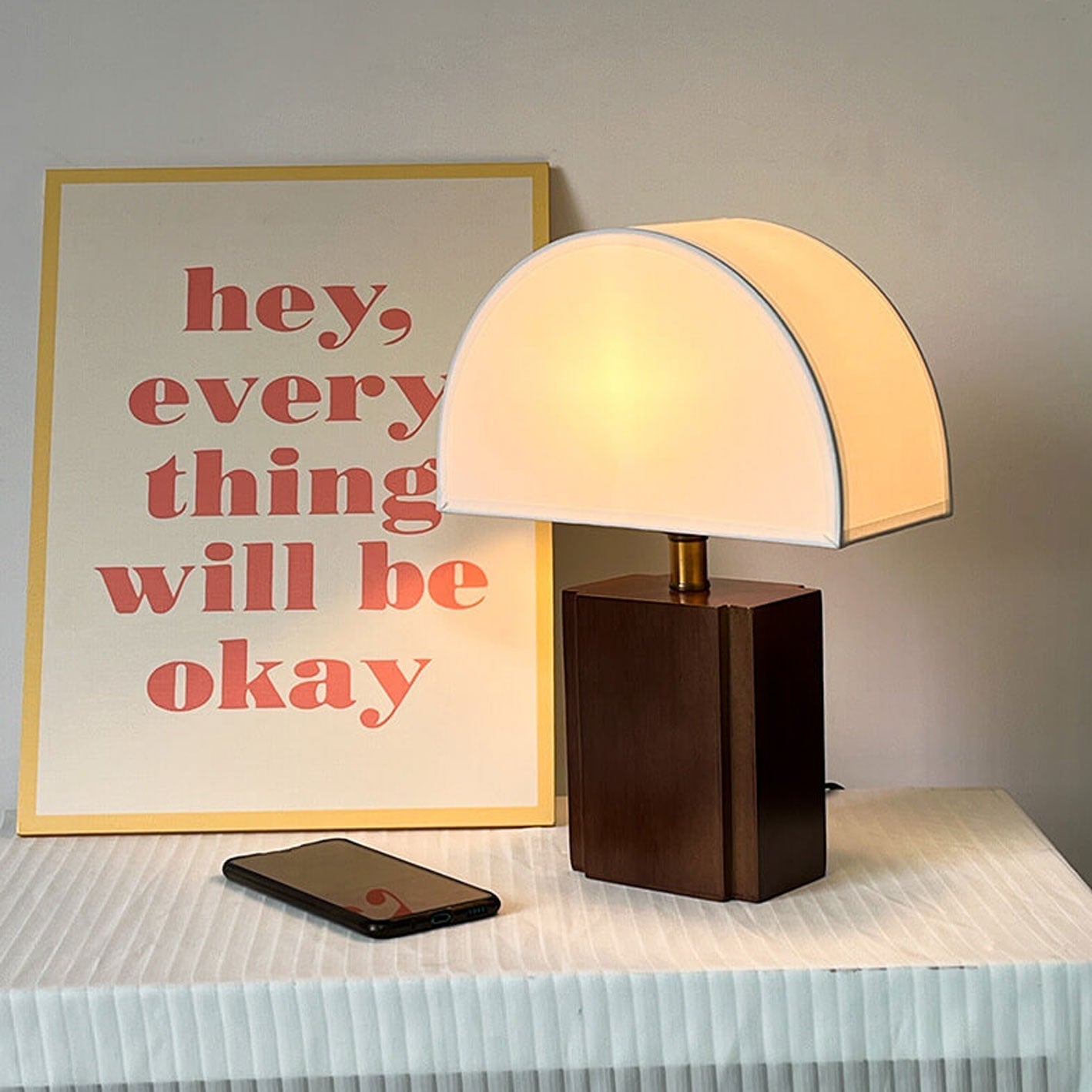 Vintage Semicircle Fabric Wooden Base 1-Light Table Lamp