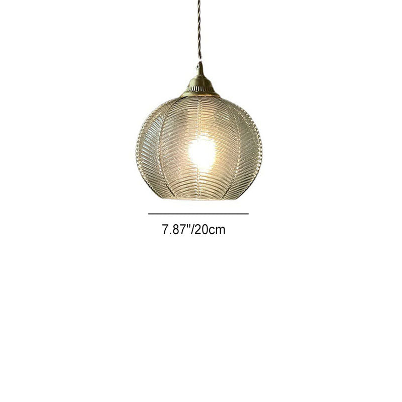 Contemporary Creative Round All Brass Striped Glass 1-Light Pendant Light For Living Room