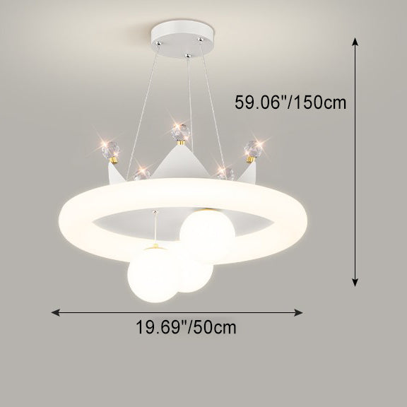 Contemporary Creative Crystal Crown PE Round Shade LED Chandelier For Bedroom