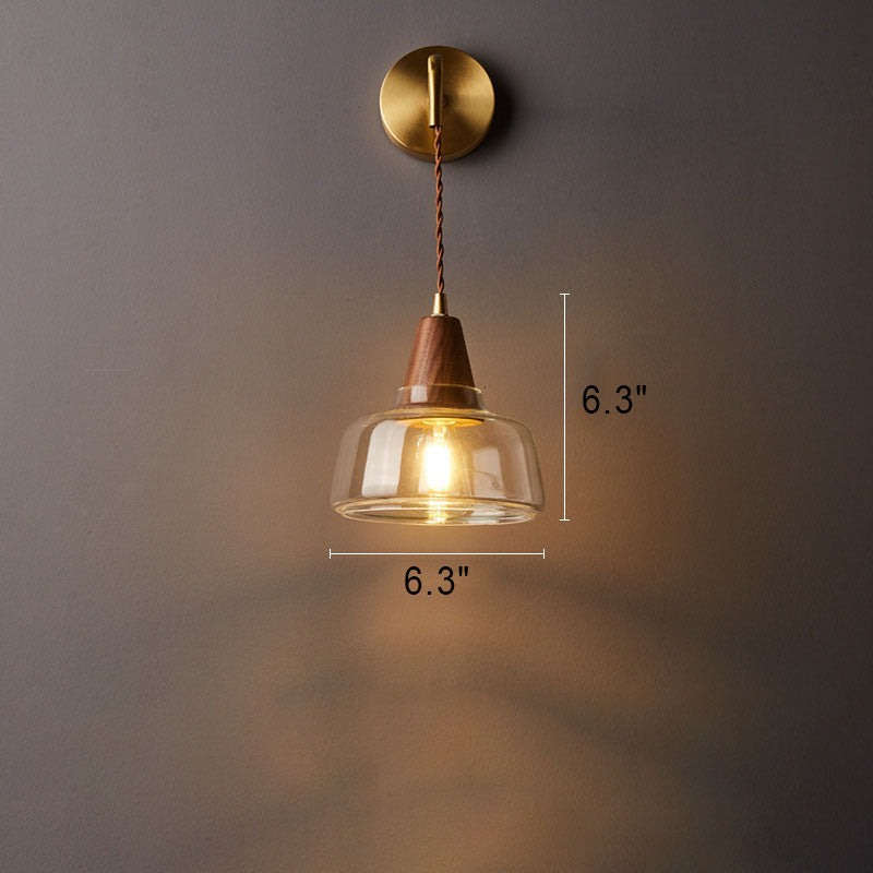 Japanese Walnut Glass Copper Cylinder 1-Light Wall Sconce Lamp