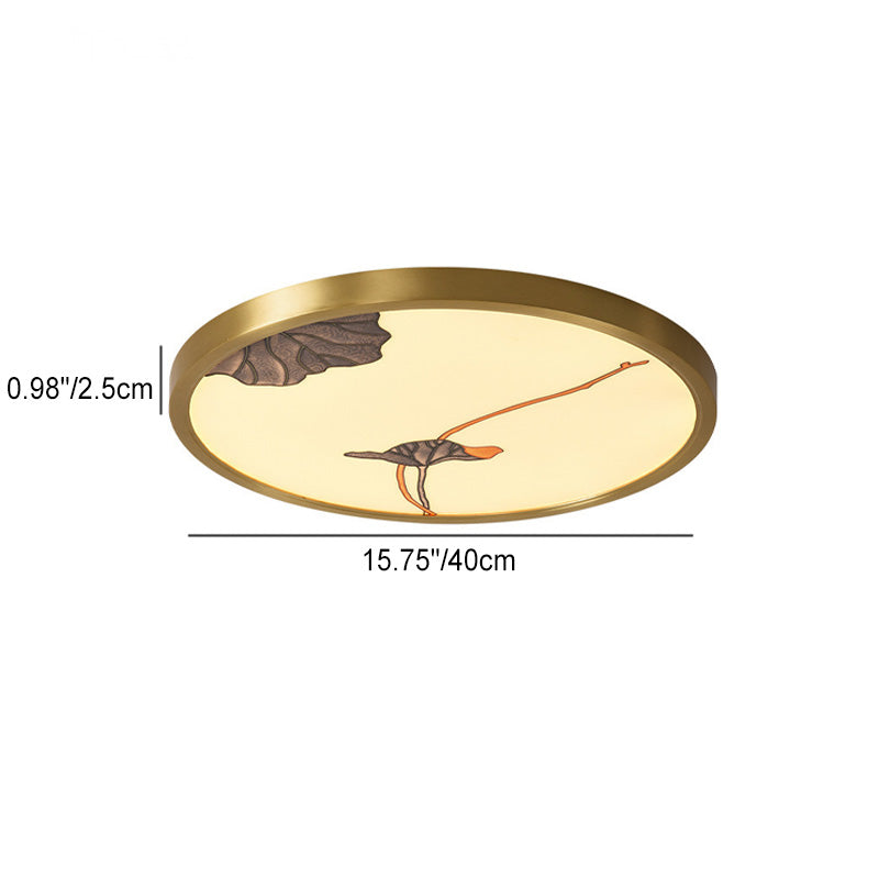 Traditional Chinese Copper Acrylic Round Lotus Bamboo Ginkgo Leaves LED Flush Mount Ceiling Light For Living Room