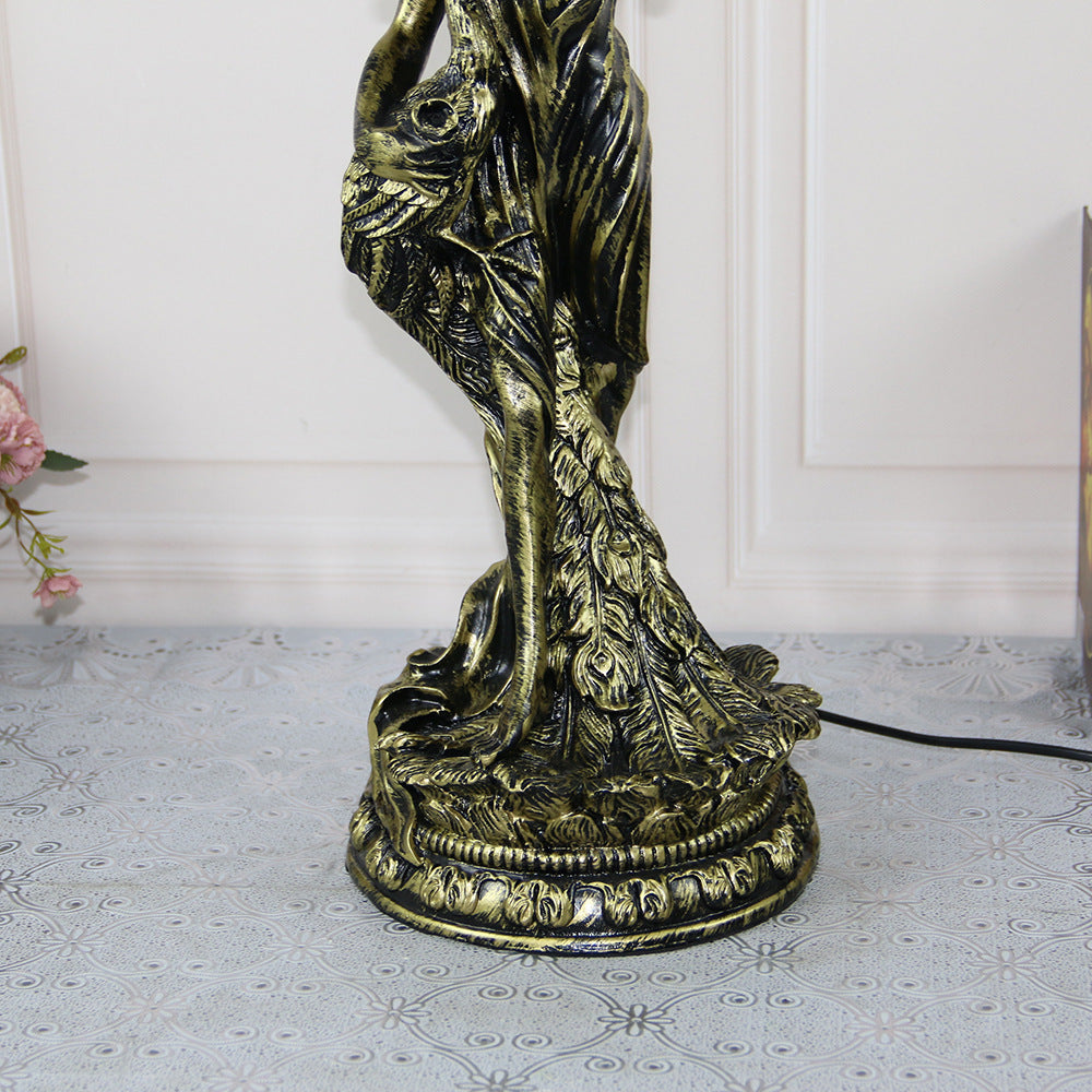 Traditional Tiffany Resin Glass Dome Grape Cow Diamond Pretty Woman Base 2-Light Table Lamp For Bedside