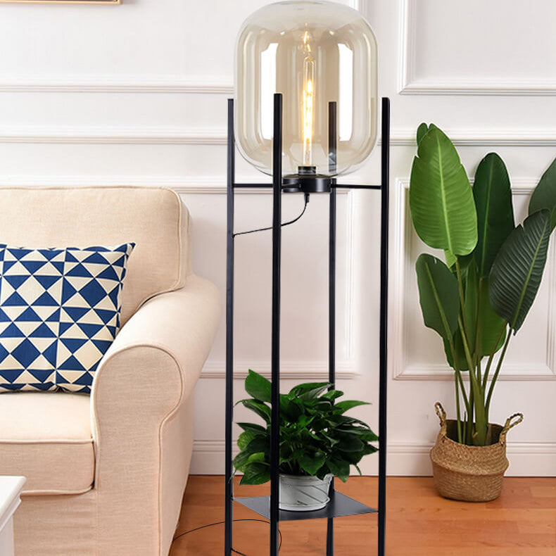Modern Simplicity Round Glass Jar Shade Iron Holder 1-Light Standing Floor Lamp For Living Room