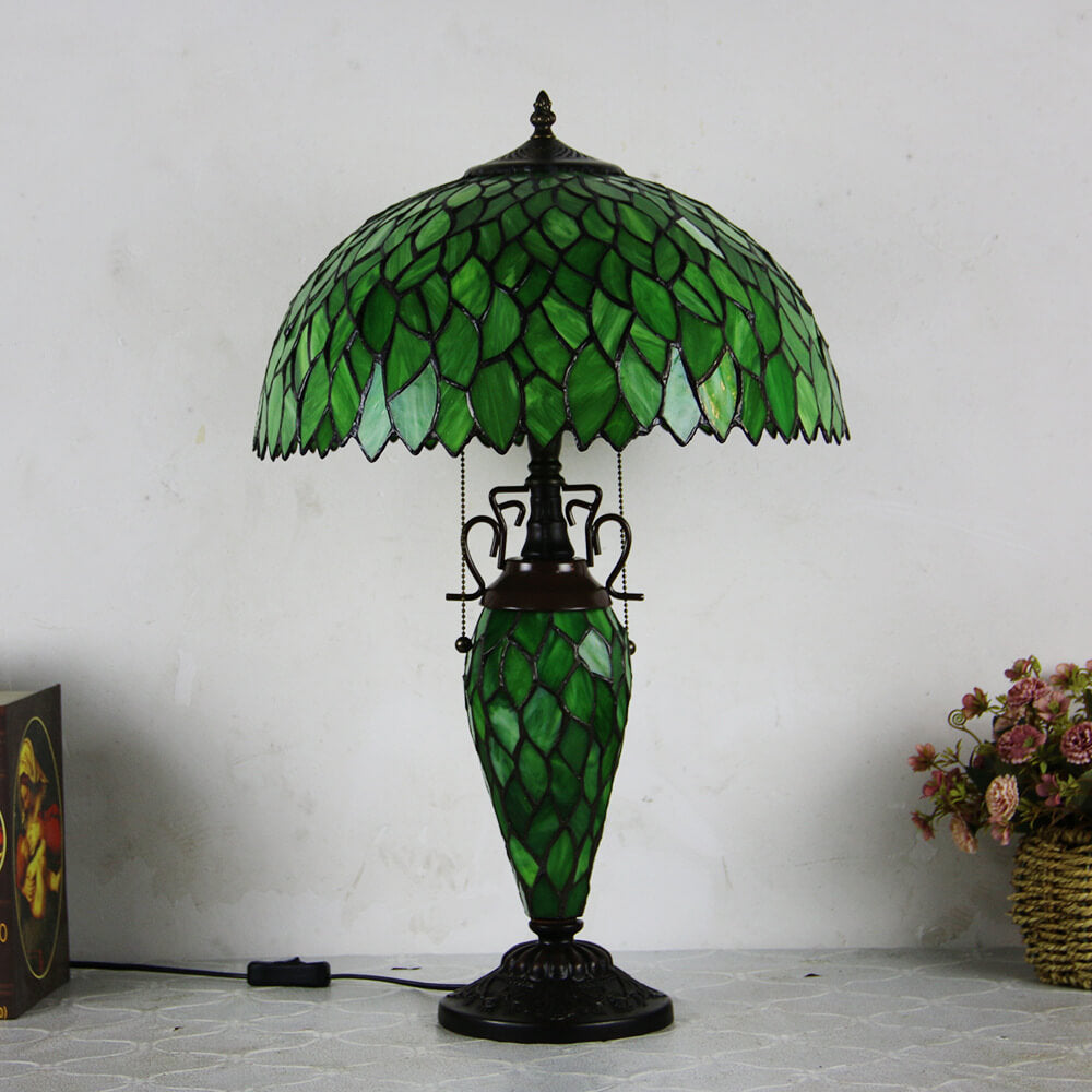 European Tiffany Stained Glass Hexagonal Dome Pull Cord 2-Light Table Lamp
