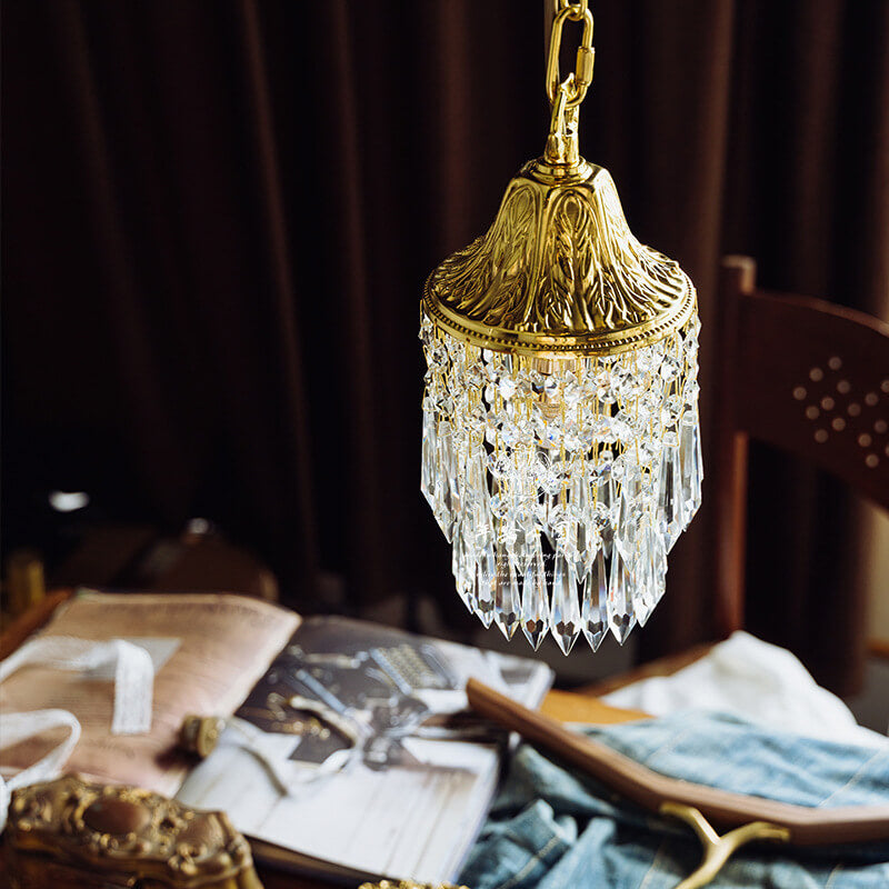 مصباح معلق من النحاس الكريستالي بتصميم أجراس الرياح العتيقة، مزود بمصباح واحد