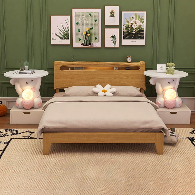 Modern Art Deco Kids Rabbit Round Plate Rectangular Drawer Resin Wood Enamel End Table 1-Drawer With LED Light For Bedroom