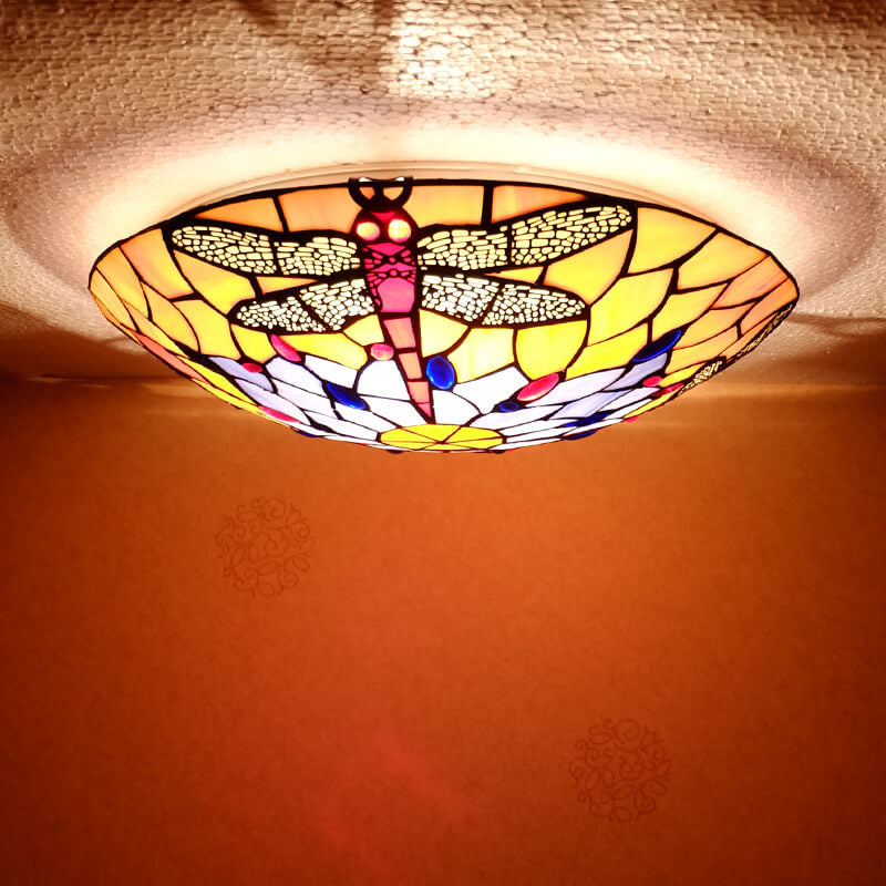 European Tiffany Orange Dragonfly Glass 2/3 Light Flush Mount Ceiling Light