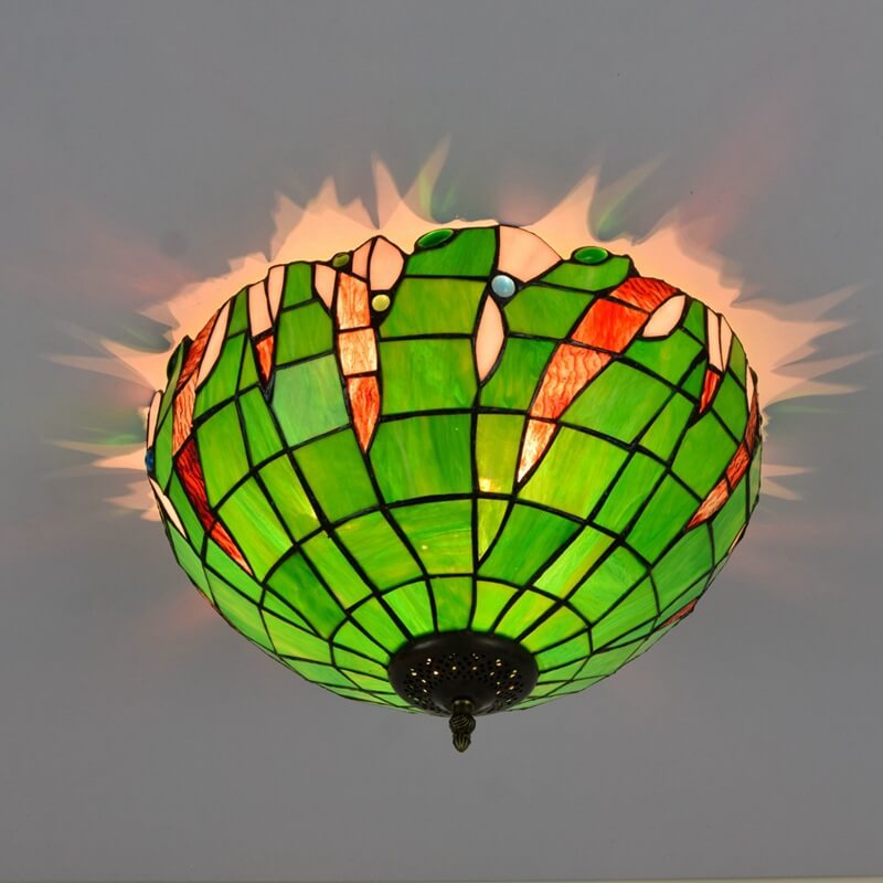 Tiffany Green Stained Glass Semi-Circular 3-Light Flush Mount Ceiling Light