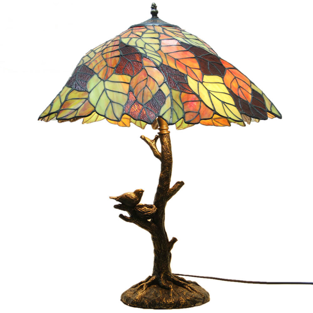 Vintage Tiffany Leaf Stained Glass 2-Light Table Lamp