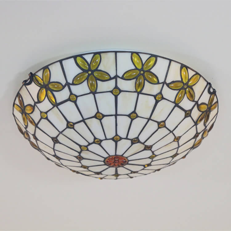 Tiffany Stained Glass Lilac Flower Bowl Shape 3/4 Light Flush Mount Ceiling Light