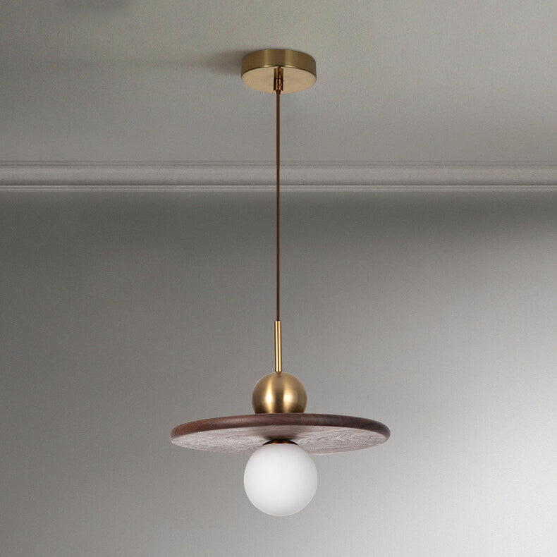 مصباح معلق LED ذو كرة زجاجية من خشب الجوز الصلب العتيق، مزود بمصباح واحد