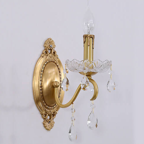 French Vintage Brass Crystal Candle Shade 1/2 Light Wall Sconce