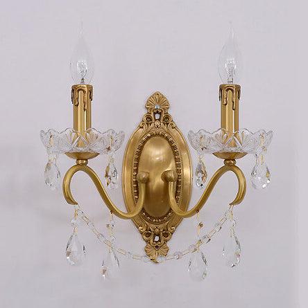 French Vintage Brass Crystal Candle Shade 1/2 Light Wall Sconce