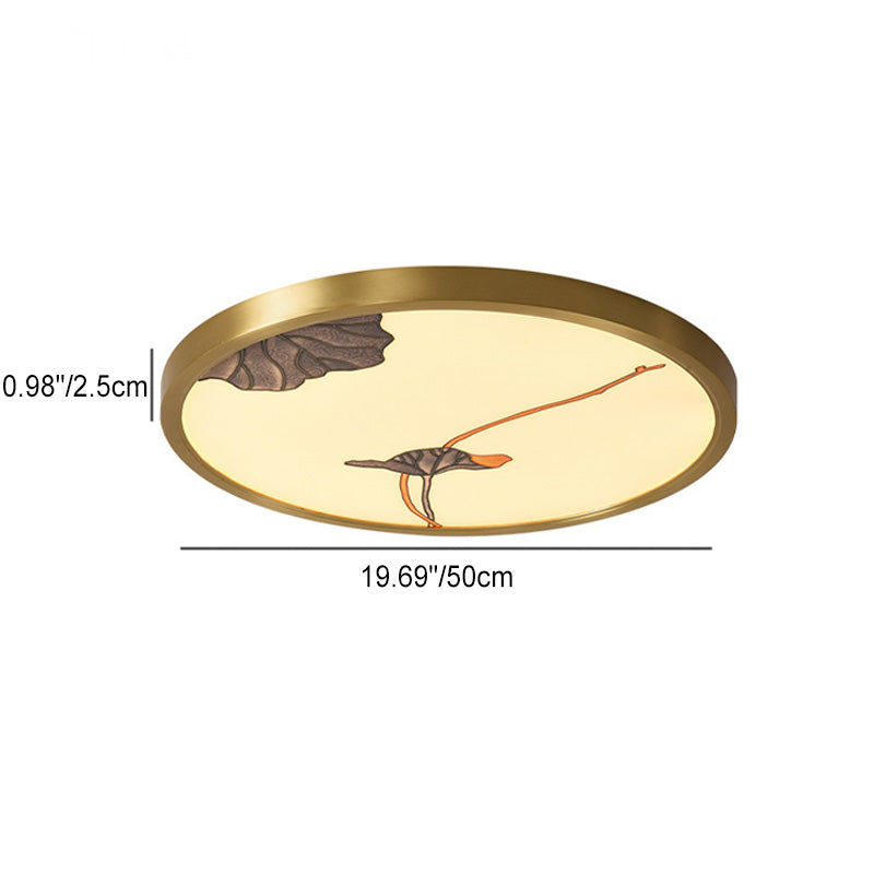 Traditional Chinese Copper Acrylic Round Lotus Bamboo Ginkgo Leaves LED Flush Mount Ceiling Light For Living Room