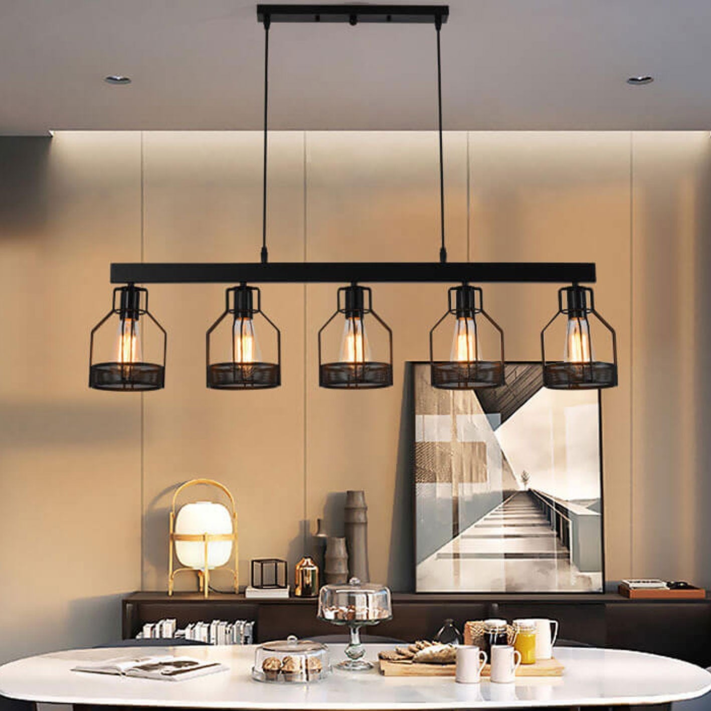 Industrial Vintage Long Bar Cage Island Light 6-Light Chandelier