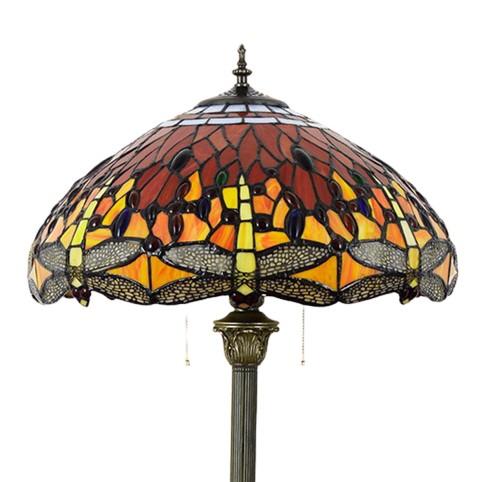 Vintage Tiffany Stained Glass Red Dragonfly 2-Light Standing Floor Lamp