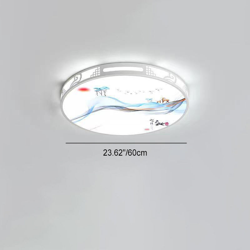 مصباح سقف LED دائري مستطيل الشكل من الأكريليك على شكل لوحة فنية صينية تقليدية لغرفة المعيشة