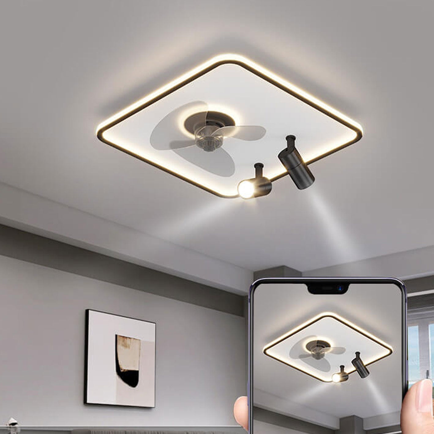 مروحة سقف LED مربعة الشكل رفيعة للغاية بتصميم بسيط مع قاعدة مسطحة