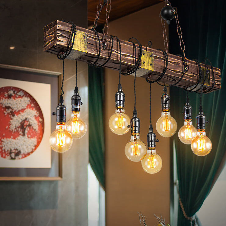 Contemporary Industrial Iron Pine Long Strips 8-Light Island Light Chandelier For Dining Room