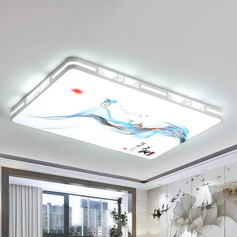 Traditional Chinese Iron Acrylic Round Square Rectangular Landscape Painting LED Flush Mount Ceiling Light For Living Room