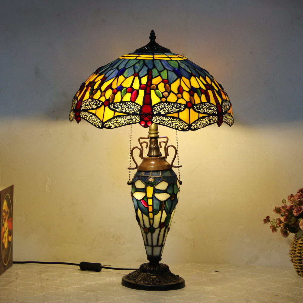 European Tiffany Stained Glass Hexagonal Dome Pull Cord 2-Light Table Lamp