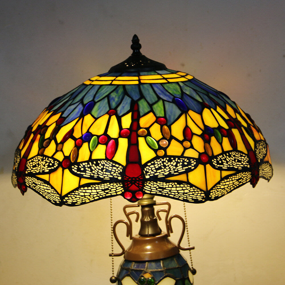 European Tiffany Stained Glass Hexagonal Dome Pull Cord 2-Light Table Lamp