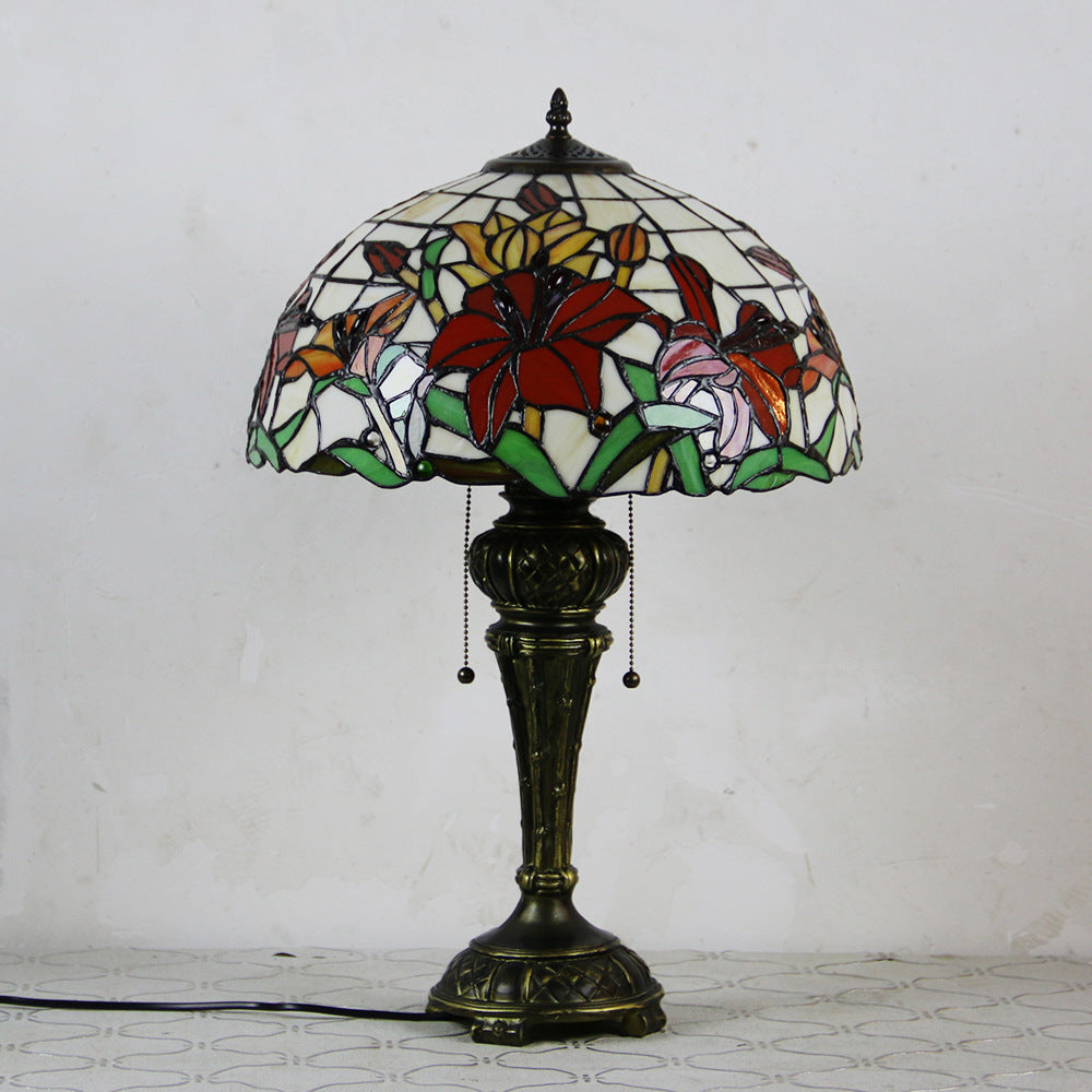 Traditional Tiffany Resin Glass Dome Hemispheric Flower 2-Light Table Lamp For Bedside